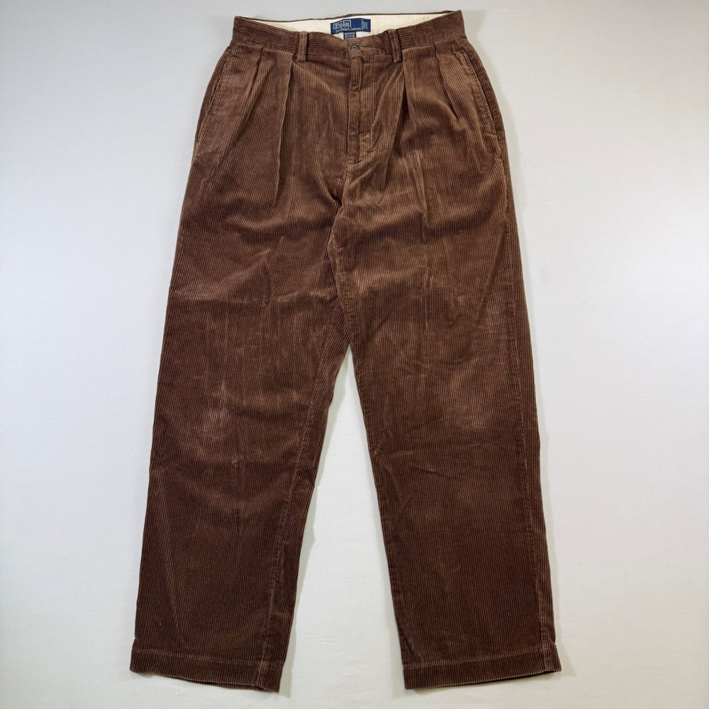 VTG Polo Ralph Lauren Andrew Pants Mens 33x30 Fits 31x30 Brown Corduroy Pleated